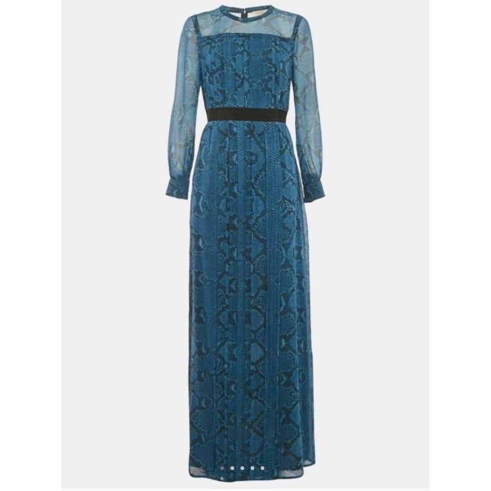 Burberry Snakeskin Print Pleated Maxi Dress Blue US 8 Sheer Yoke Long Sleeve